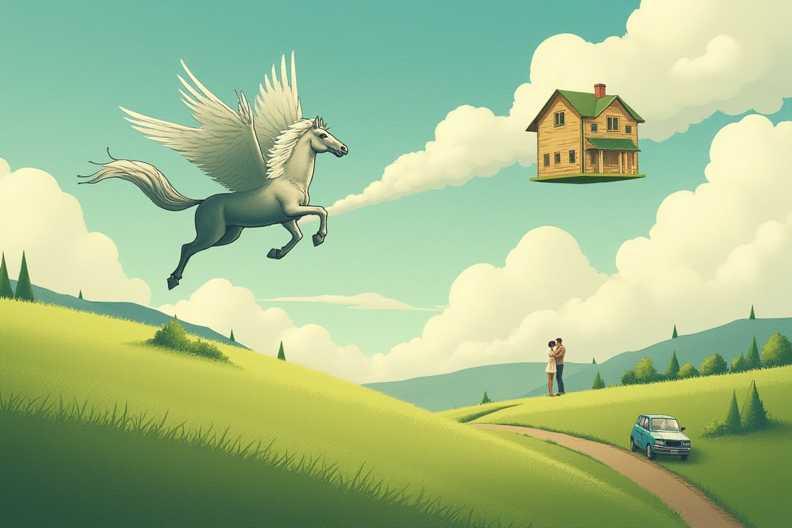 a dreamlike landscape where you see a winged horse flying over a green field, a floating house, an image of a couple of people hugging, a blur, a car on the road,