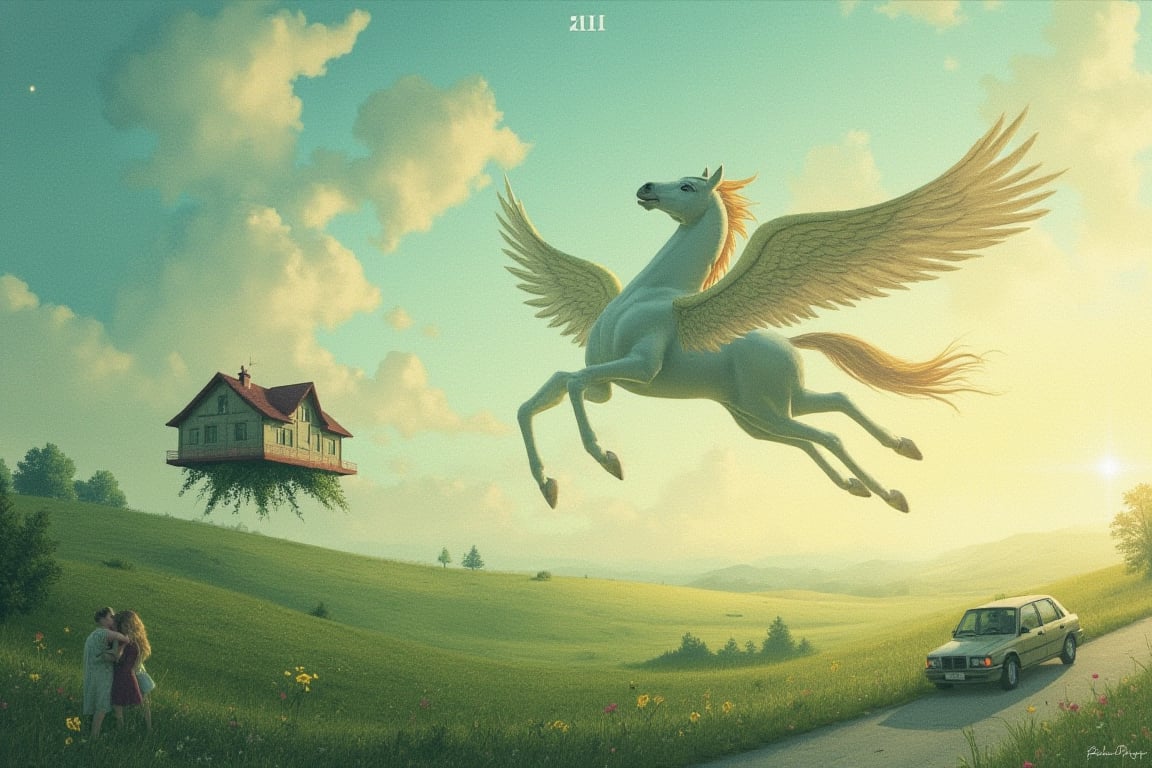 a dreamlike landscape where you see a winged horse flying over a green field, a floating house, an image of a couple of people hugging, a blur, a car on the road,