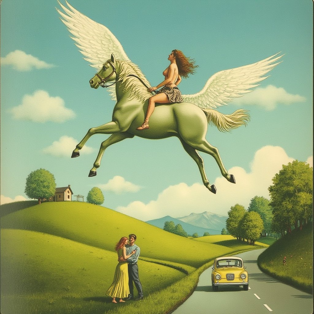 a dreamlike landscape where you see a winged horse flying over a green field, a floating house, an image of a couple of people hugging, a blur, a car on the road,