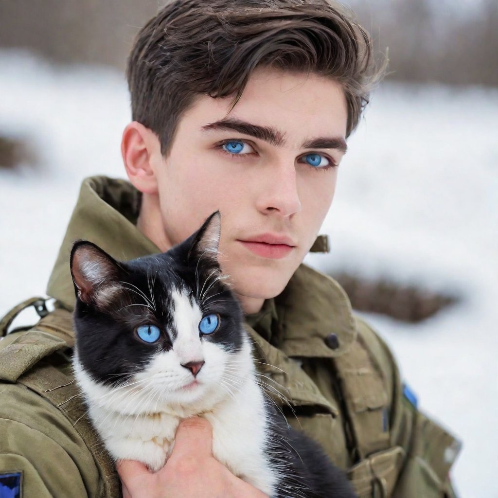 Macro portrait,handsome male soldier, 20yo, black hair, blue eyes, sharp eyes,, holding a cat,,idol face, flash, trendy, school campus, daytime, snow ground, windy.