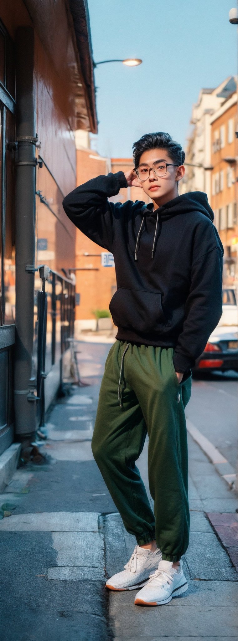 Make a photoshoot portrait of a young Filipino man, 18 years old, cool pose, blue hoodie urban, army green jogger pants, white shoes, glasses... sunset sky background, blur lens background, full body shot, legs, long shot,