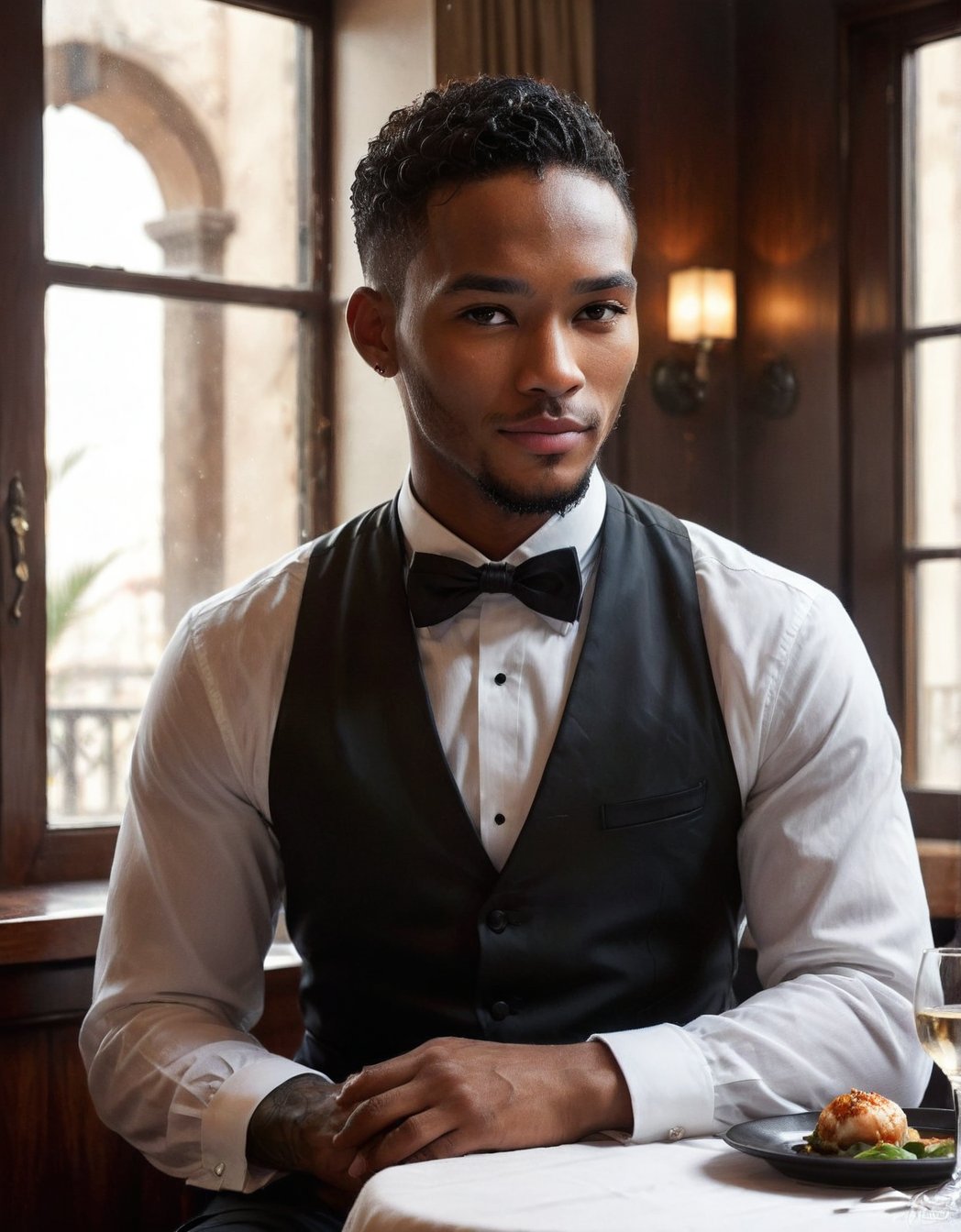 A (striking and highly detailed) portrait (medium shot) from an (original and captivating angle) of a (handsome black waiter sitting at a hotel and window) in the style of richly detailed genre photo, delicate details, intricate, in the style of russ mills, michael garmash, contemporary asian art, lilia alvarado, Extremely Realistic. sexy wink.
