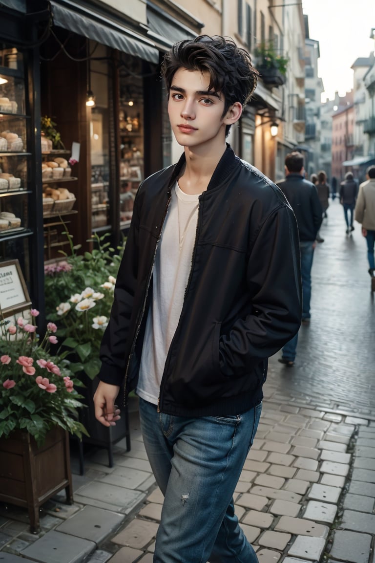 Urban stroll, close-up 1boy handsome boy in casual clothes, facing the camera, relaxed and cheerful, walks on the cobblestone road, there are colorful flowers on both sides of the road,  bustling streets.Detailed face.