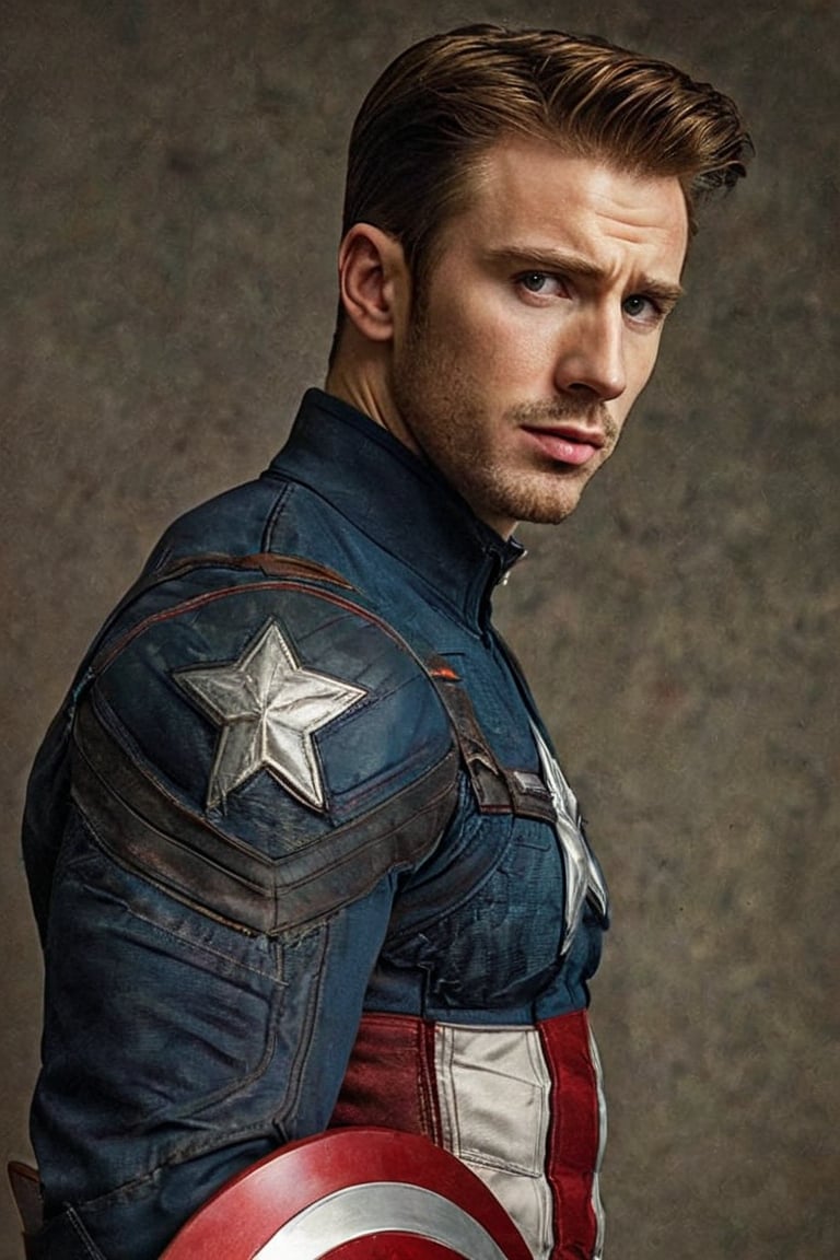 (((Iconic colored illustration 1950s age style but extremely handsome)))
(((Chris Evans)))
(((Iconic Captain America uniform)))
(((Close-up shot)))
(((scratched old photo)))
(((Chiaroscuro Solid colors background)))
(((masterpiece,minimalist,epic,
hyperrealistic,photorealistic)))
(((view profile,view detailed )))
(((Monochrome solid colors)))(((Annie Leibovitz style, by Diane Arbus style))),srh_ttz