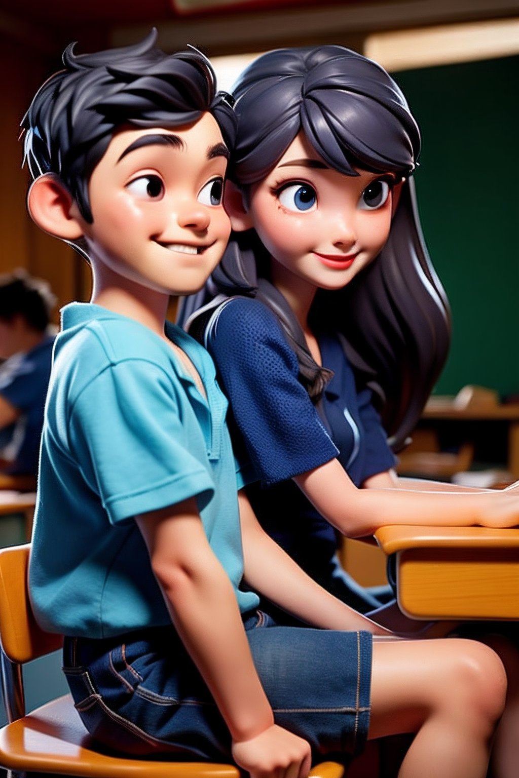 A boy is sitting together with a girl in a classroom, night light, sweet couple.