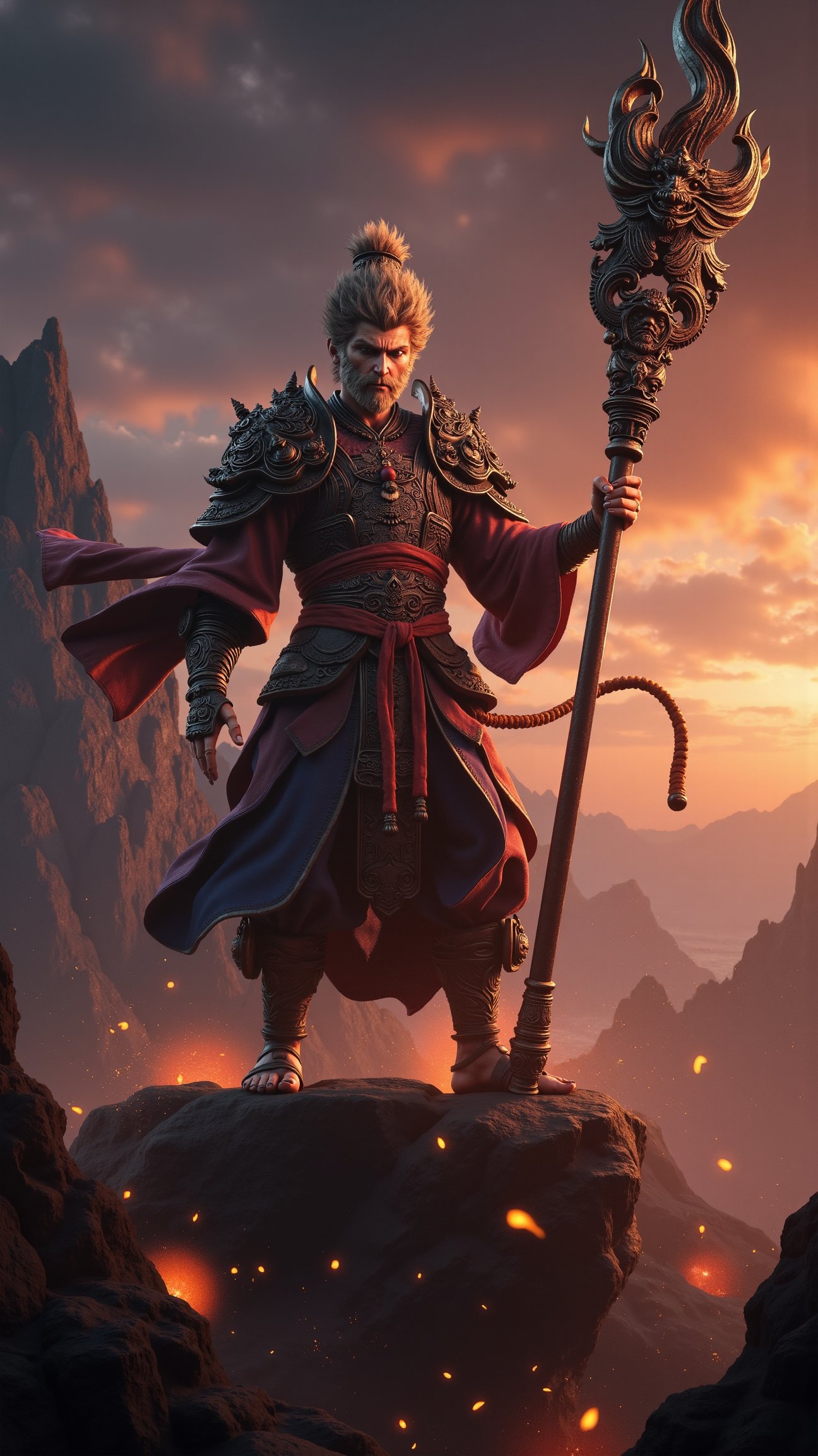 Wukong wields the mythic long staff weapon carved with ancient patterns, standing on Buddha's giant finger, cinematic, epic, radiating lights of various colors