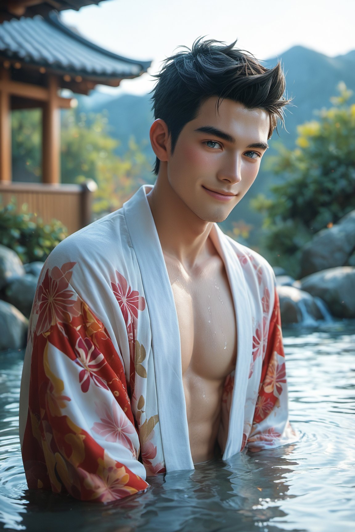 score_9, score_8_up, score_7_up,  1boy,  handsome 30yo, black hair, darkblue eyes, open sleeve kimono, flushed, blushed, smile  japanese, realistic, hot spring.