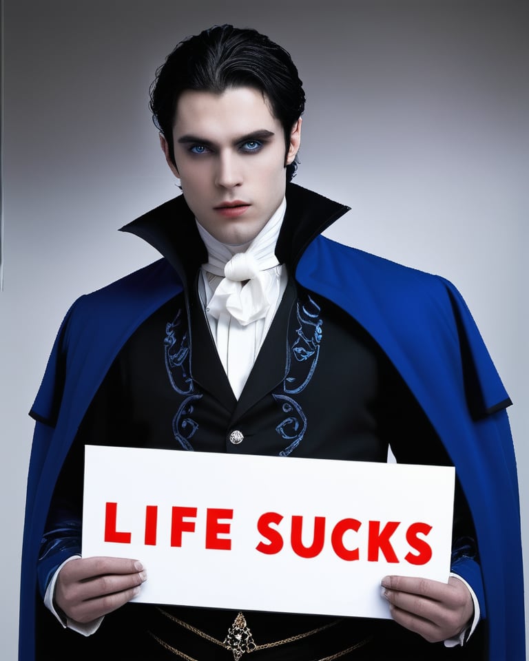 A handsome 20yo vampire male, black hair, blue eyes, royal outfits, with a sign that says "life sucks"