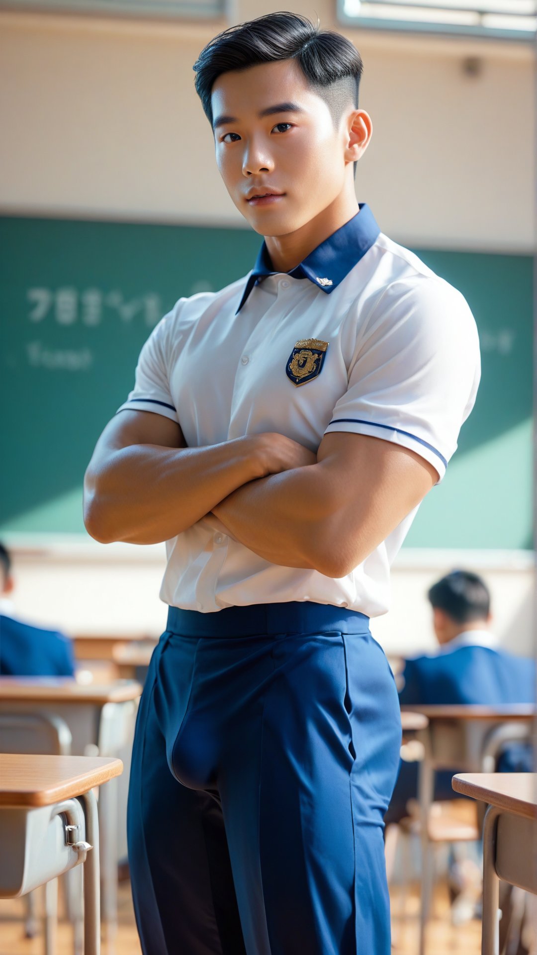 score_9, score_8_up, score_7_up, handsome asian big-eyed men, 20yo, college uniform, luxury classroom, tiny bulge