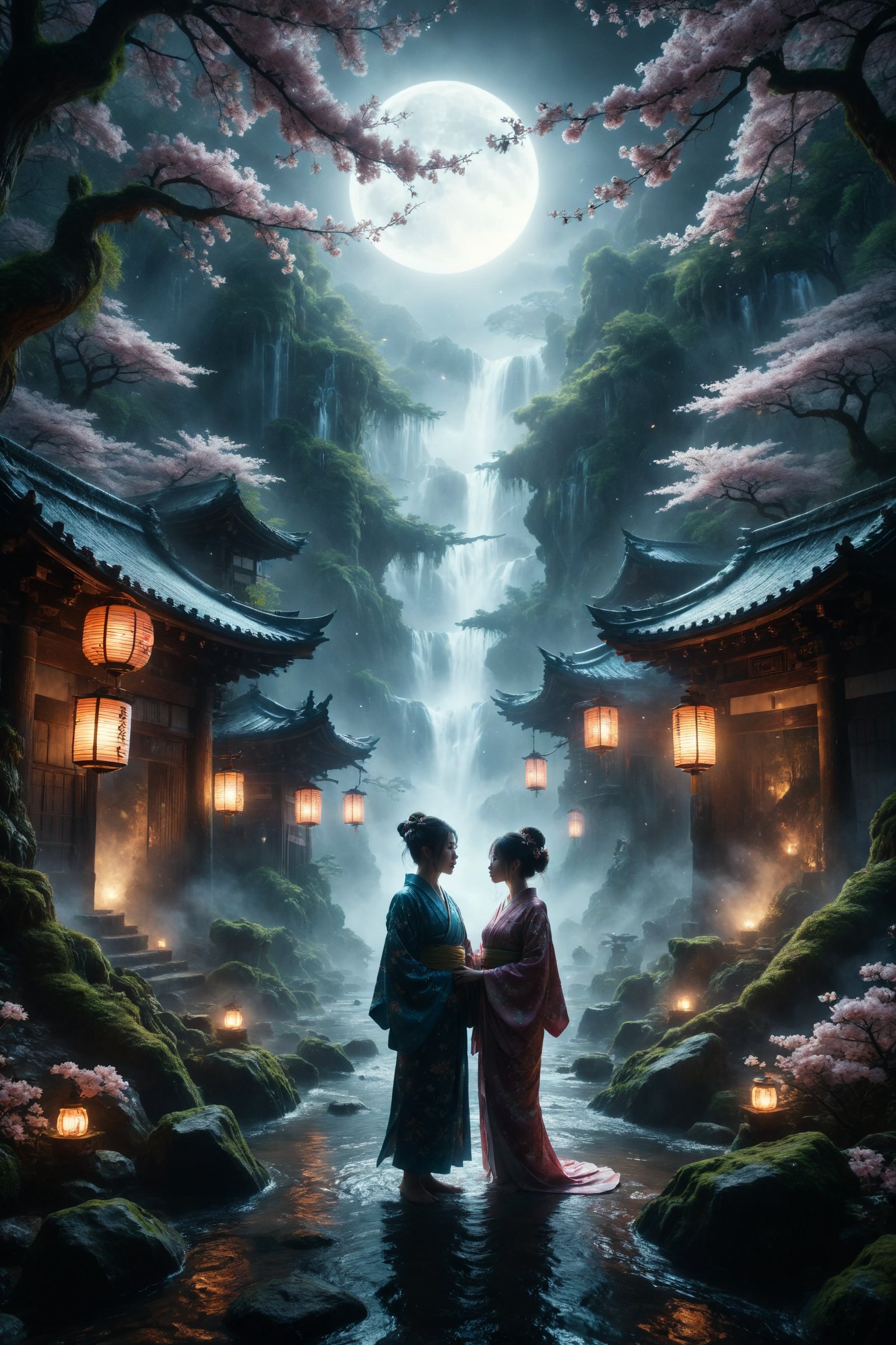 A Japanese couple in traditional kimonos, standing hand-in-hand in a mystical, supernatural world. The scenery blends ancient Japanese architecture with fantastical elements—floating cherry blossoms, glowing lanterns suspended in mid-air, and ethereal spirits drifting through a moonlit forest. The couple's expressions are serene and full of wonder as they navigate this otherworldly landscape, surrounded by shimmering waterfalls and mythical creatures like dragon spirits and kitsune. The atmosphere is a mix of tranquility and magic, with a soft, luminescent glow casting an enchanting light over the scene.