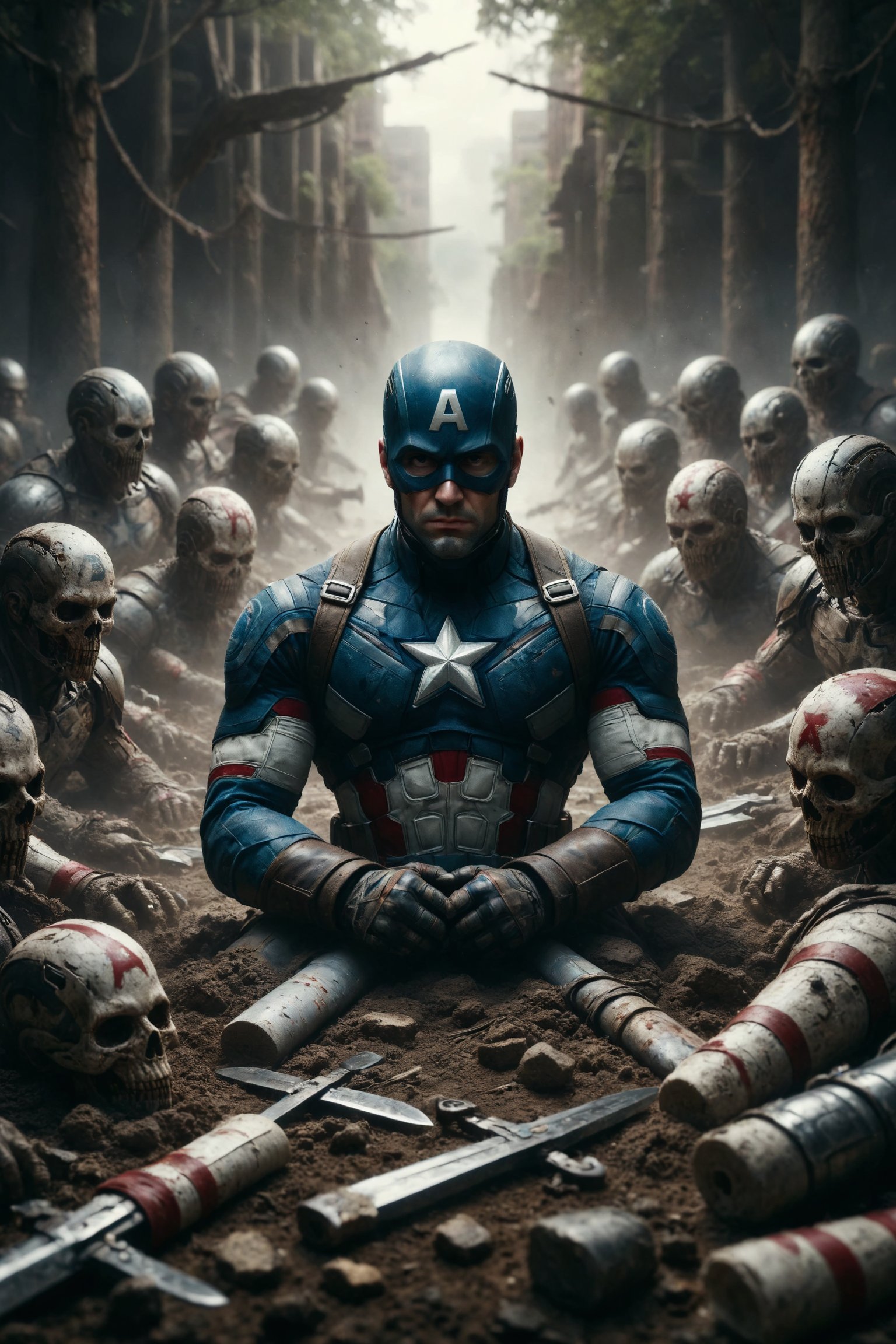 Design a scene of Captain America trapped among 8 swords stuck in the ground, blindfolded and surrounded by bandages, symbolizing limitation, self-limitation, and feeling trapped.