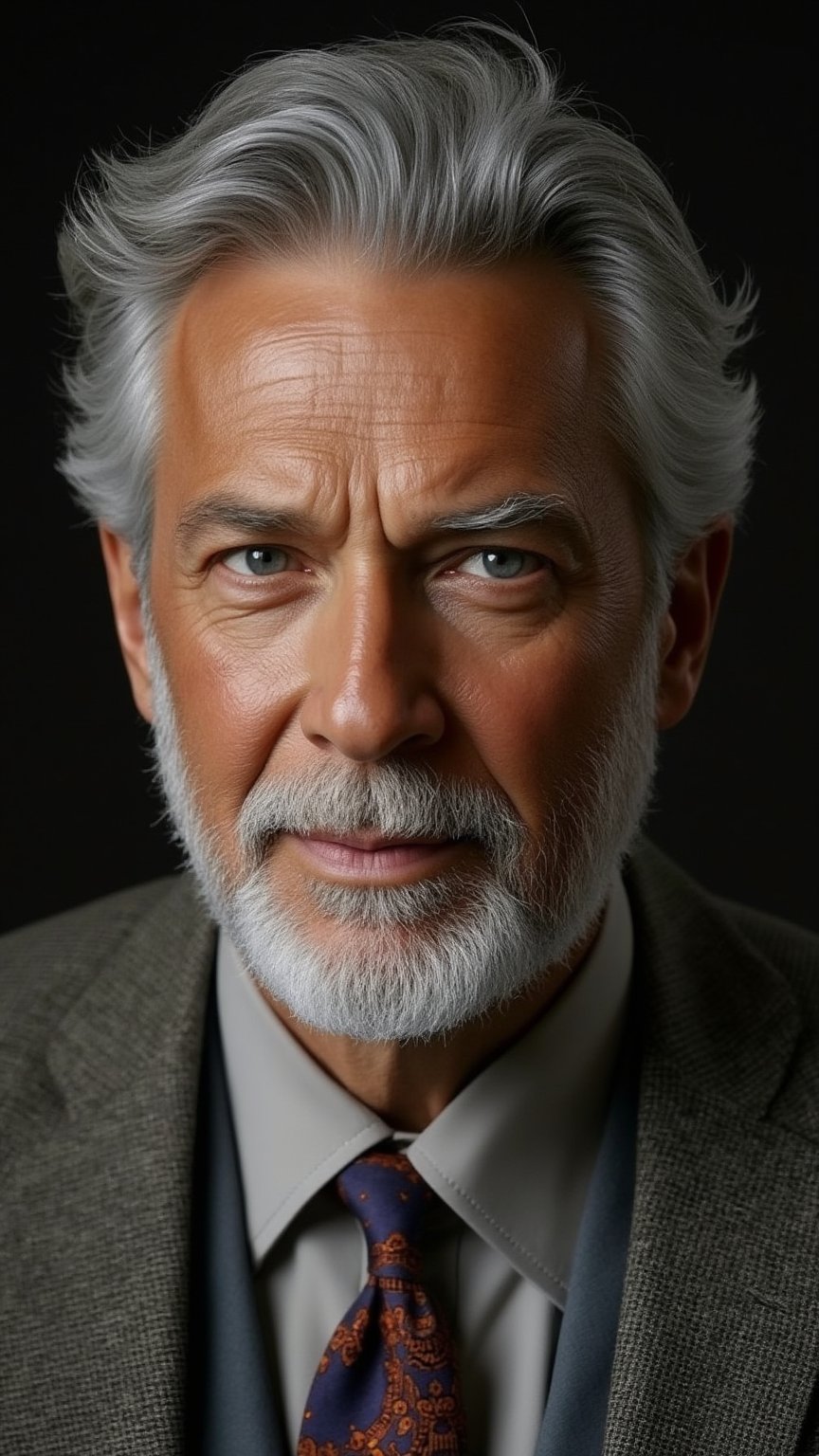 ((film grain, cinematic film still, vintage aesthetic, grainy, noisy, gritty, grunge)) Photo of man, handsome mature man, fashion, high quality image, extremely detailed, close-up, Close-up of a distinguished silver-haired man with a neatly trimmed beard, deep-set eyes, and a calm expression, wearing a tailored grey suit with a patterned tie, exuding sophistication and wisdom.