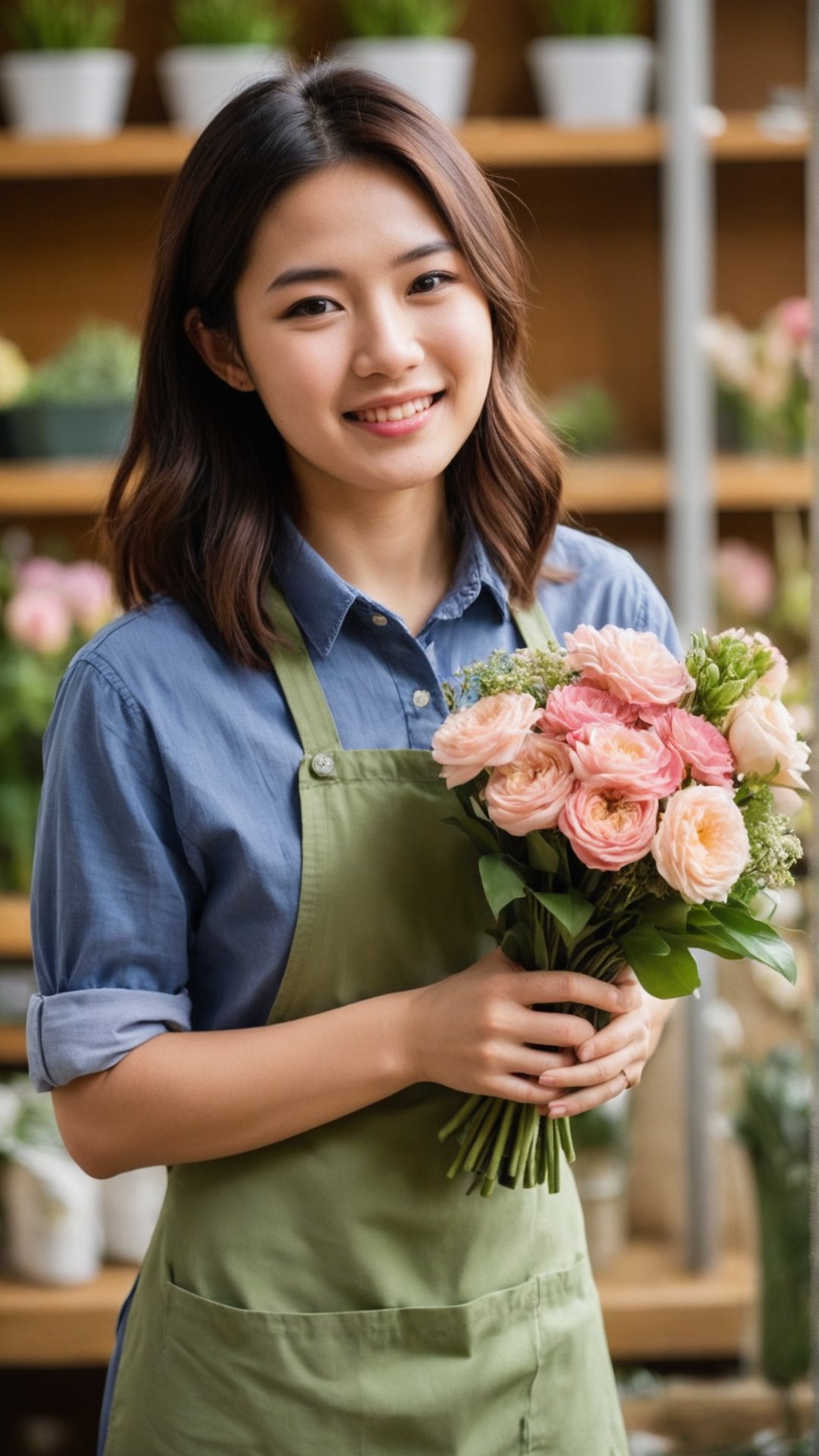 Beautiful Young Japanese Florist: A gentle young Japanese woman in her early 20s, wearing a casual apron and shirt, arranging beautiful bouquets in a flower shop.