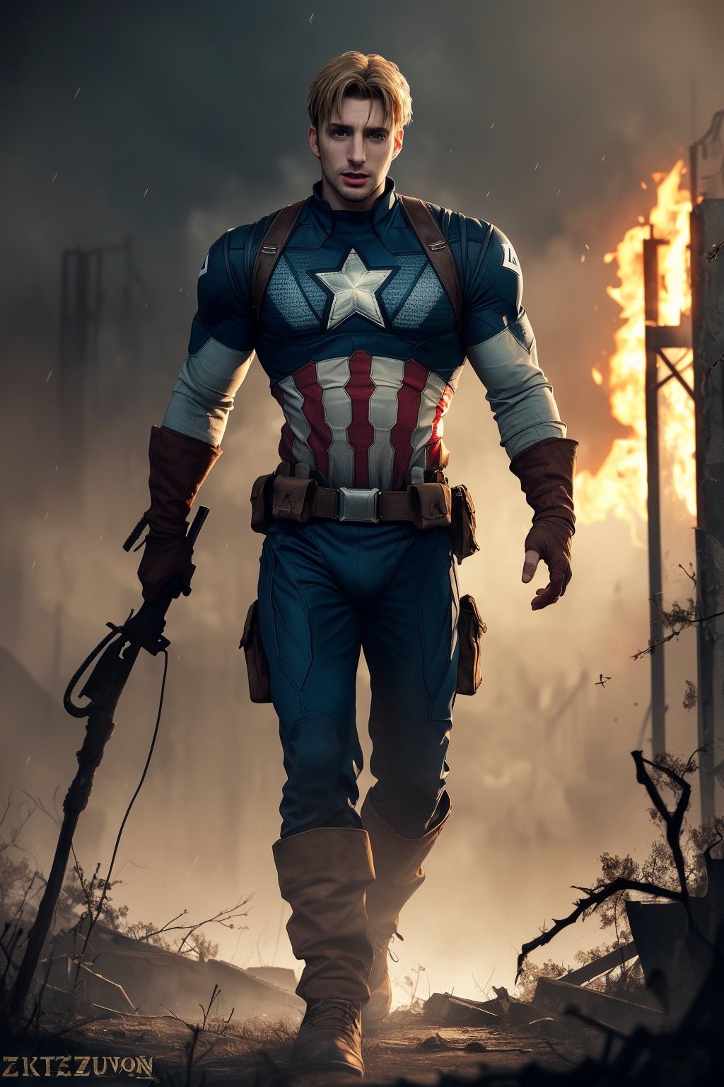 Photo of Chris Evans as a Captain America, good looking, messy blond hair, blue eyes, Athletic, muscular, masculine, standing on the abandoned broken spaceship, full body, sunset after rain, epic background, into the dark, deep shadow, dramatic lighting, twilight portrait, masterpiece, best quality.,bulge. HDR. mysterious. fog. fire. war. zombies. sunset from top right. detailed beautiful eyes. withered roses on the right hand. zombies running after him.