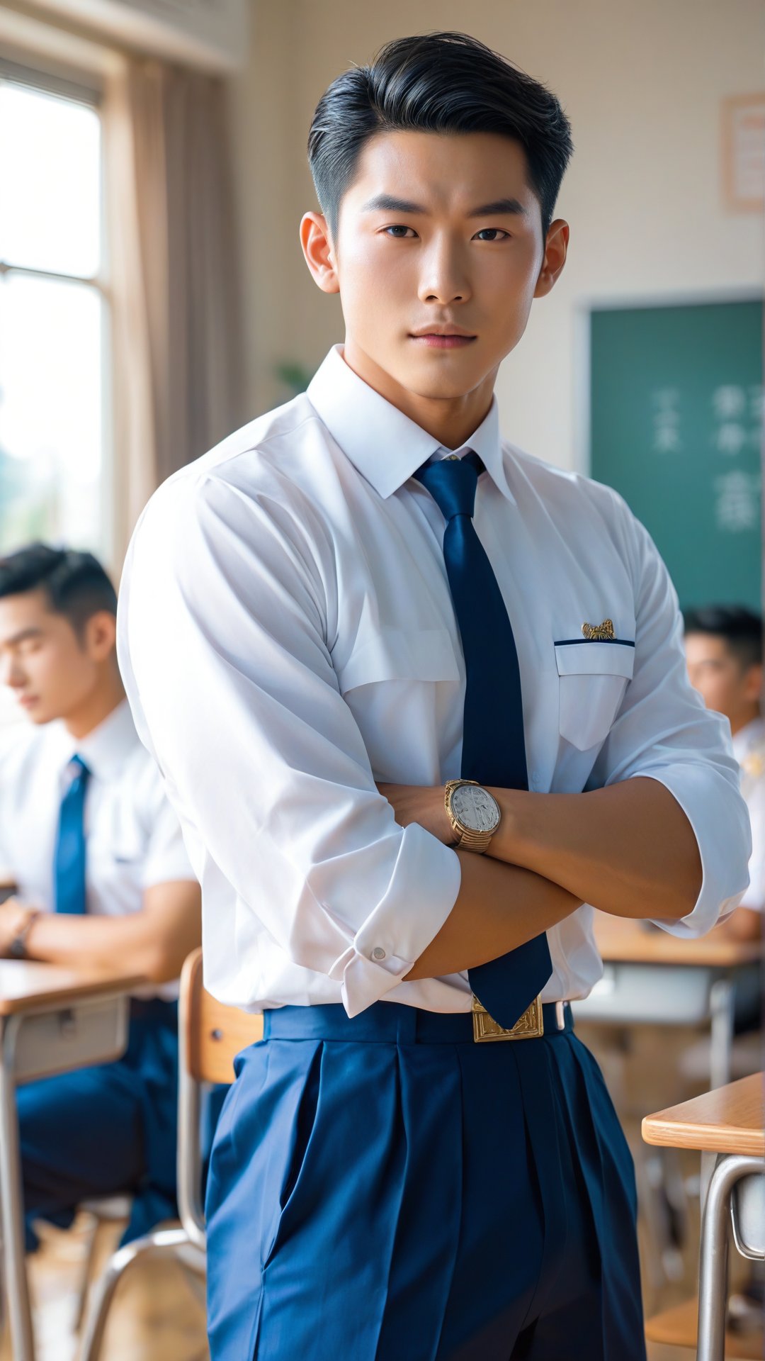 score_9, score_8_up, score_7_up, handsome asian men, 20yo, college uniform, luxury classroom