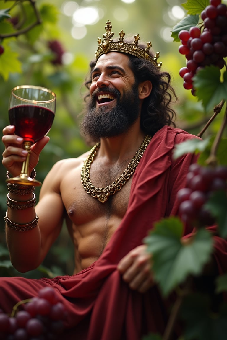 Create a high-quality image, extreme detail, intricate detail, depth of field, ultra definition, extreme realism, real life, realistic image, high-quality lighting, 16k UHD, Dionysus, the god of wine, holding a goblet, surrounded by vines and grapes, with a joyous expression.