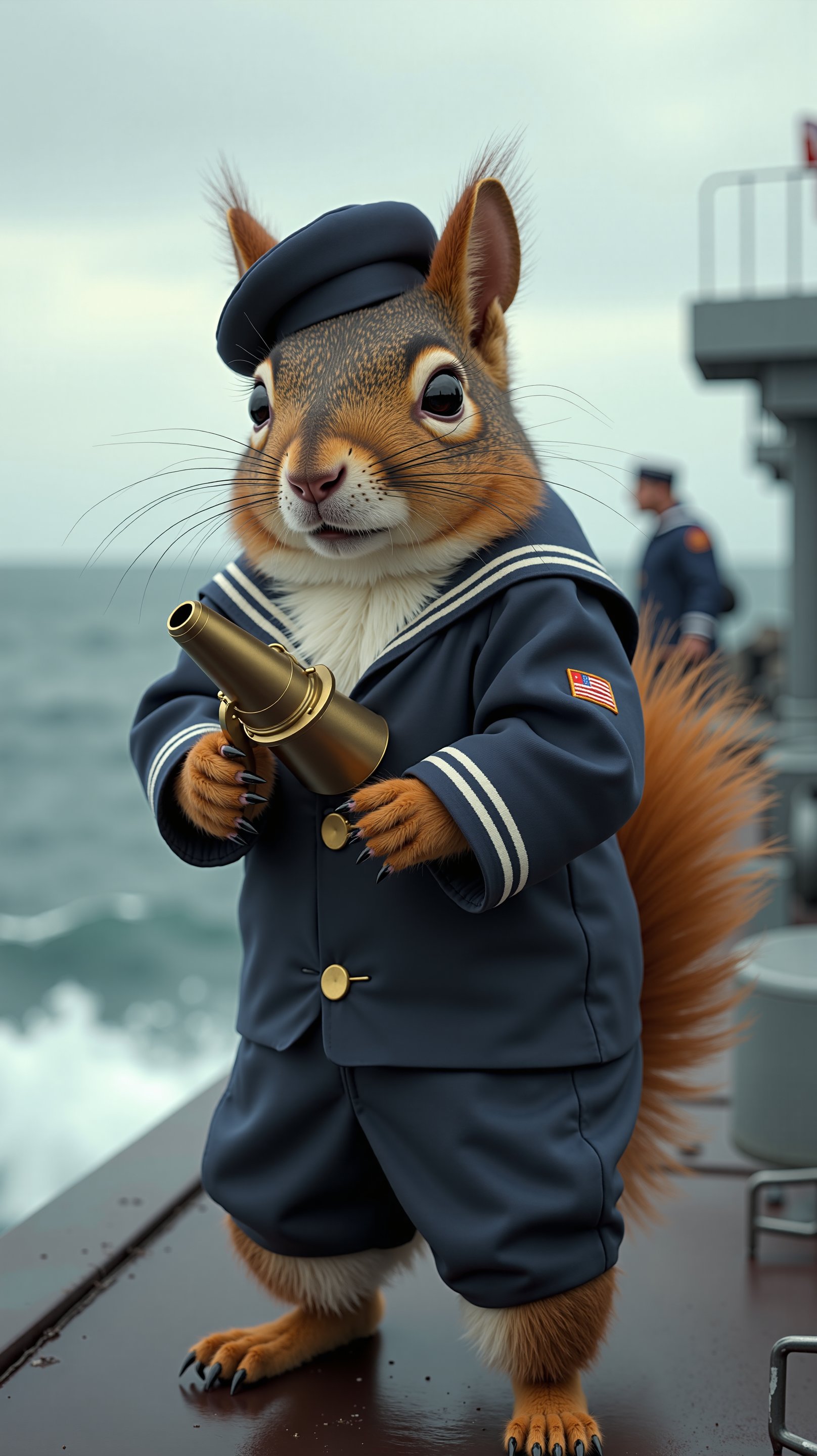 A dynamic scene of a chubby little squirrel wearing a World War II American navy sailor uniform, complete with a tiny hat. The squirrel is standing on the deck of a battleship, holding a small telescope as it scans the horizon. The ocean waves crash against the ship, and other sailors can be seen working in the background. The squirrel’s serious expression and the oversized uniform create a humorous and heartwarming contrast in this naval setting.