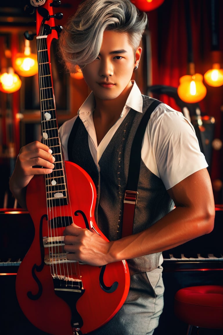 (((best quality, masterpiece, ultra-detailed, high quality photography, Canon EOS R3, photorealistic, fashion photography, fashion pose, 1920s))), 1boy, handsome detailed face, messy ash-gray hair, wearing a 1920s Japanese musician's attire with suspenders over a sleeveless undershirt, showing off defined arms, holding a saxophone, standing on a small stage in a lively jazz club, beauty and aesthetic, solo.