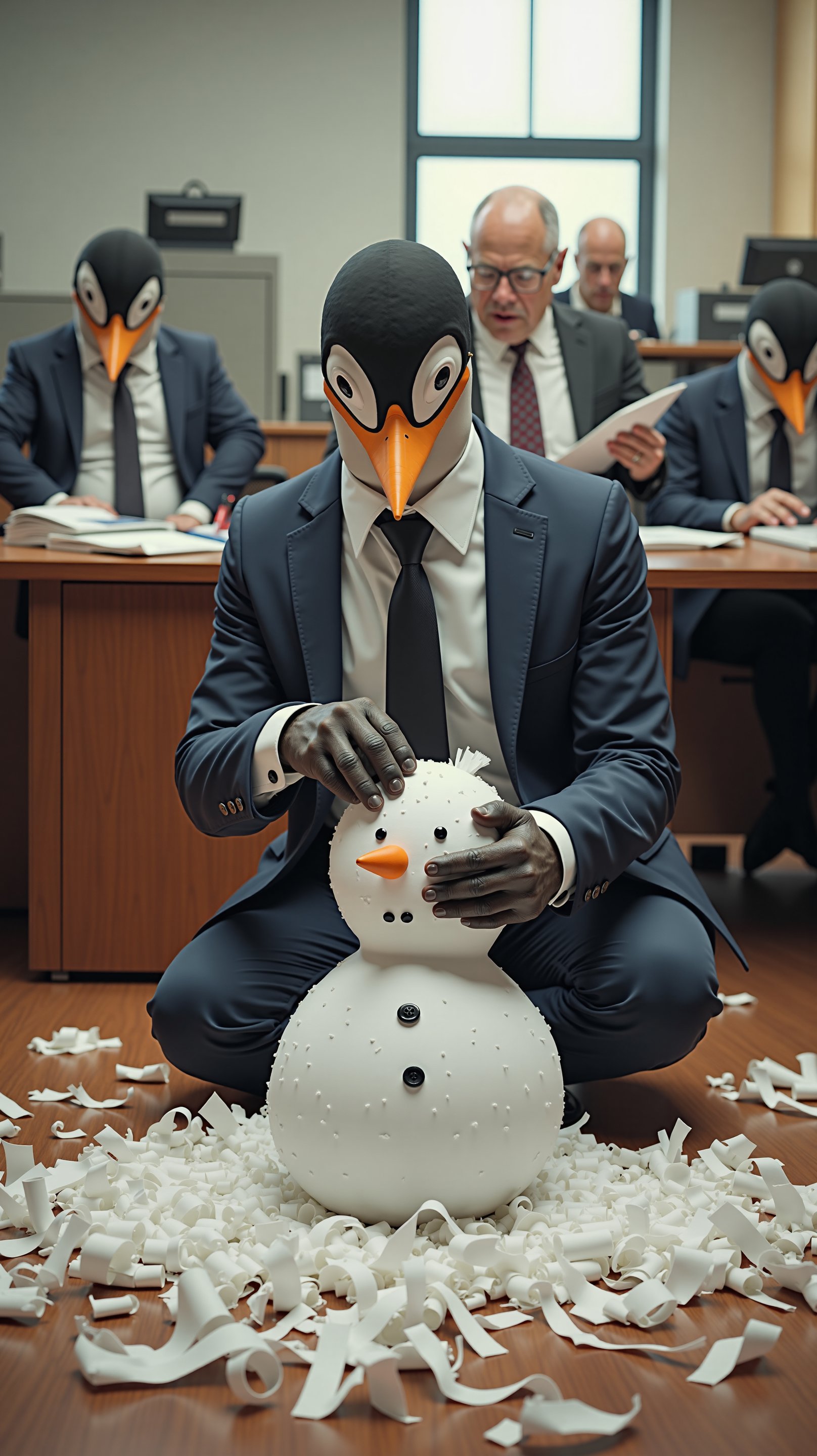 A dynamic scene of an anthropomorphic penguin in a sharp office suit, but instead of working on a project, it’s building a snowman out of shredded paper in the middle of the office floor. The other office animals, all in professional attire, are huddled around their desks, watching in disbelief as the penguin carefully adds a carrot nose and button eyes to the paper snowman. The background features a typical office with desks, computers, and filing cabinets, adding to the humor of the situation.