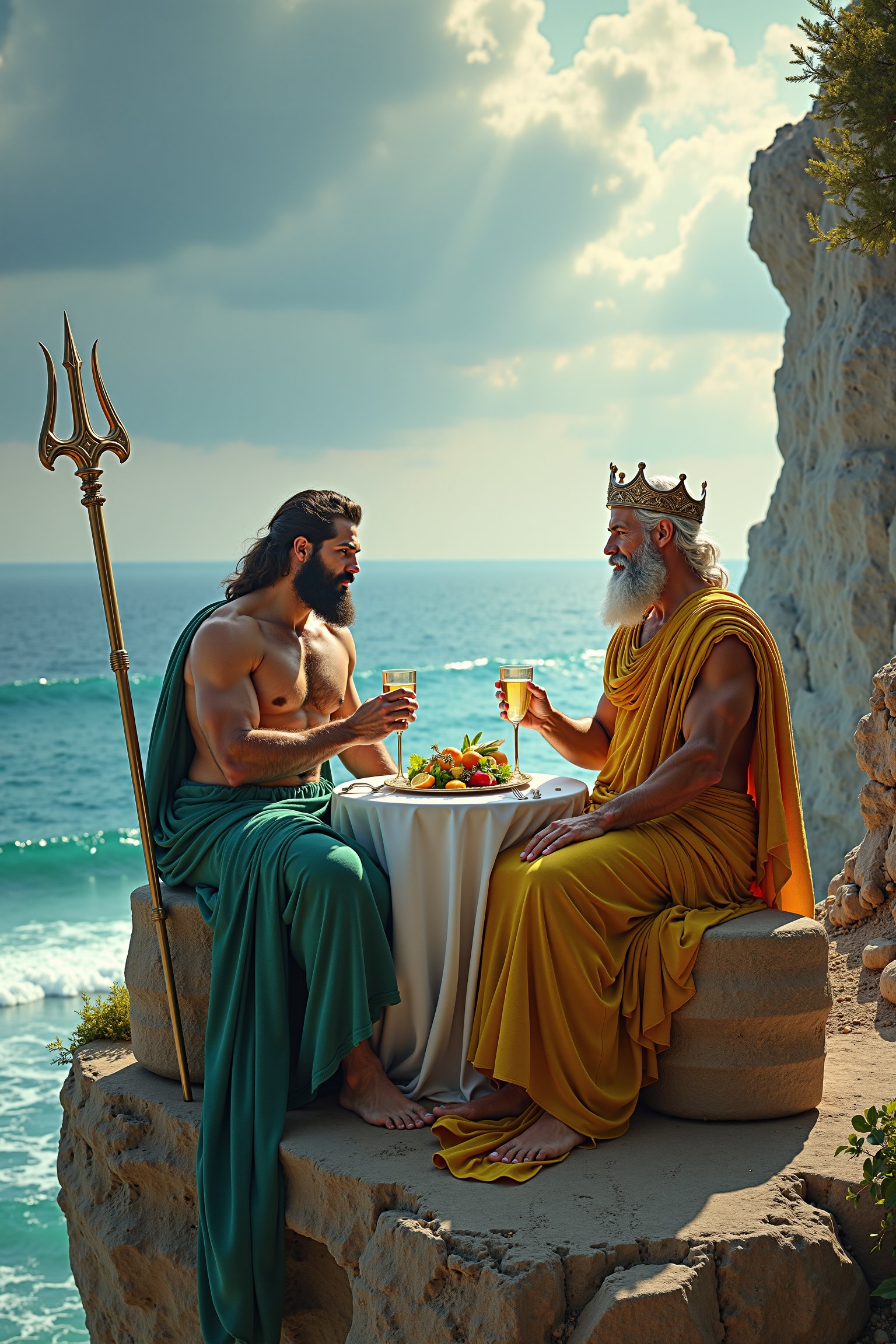 Portrait of 2 handsome men from Greek mythology, one resembling Poseidon and the other Zeus. While on a majestic cliff overlooking the sea, Enjoying a celestial repast, Sitting on a luxurious sea-worn bench with a table of ambrosia and nectar, The cliff’s atmosphere is illuminated by divine light and soft waves, the mood is grand and mythic, Set against the backdrop of the heavens and the ocean, On the left side is a grand trident and a sky of thunderclouds, photography, portrait. The man on the left has a powerful build with a beard and flowing sea-green robes, the man on the right has a muscular frame and a regal demeanor, wearing a crown and a golden robe.