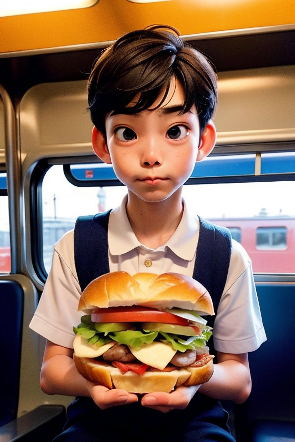 A boy is eating sandwitch in a train, day light, japan.