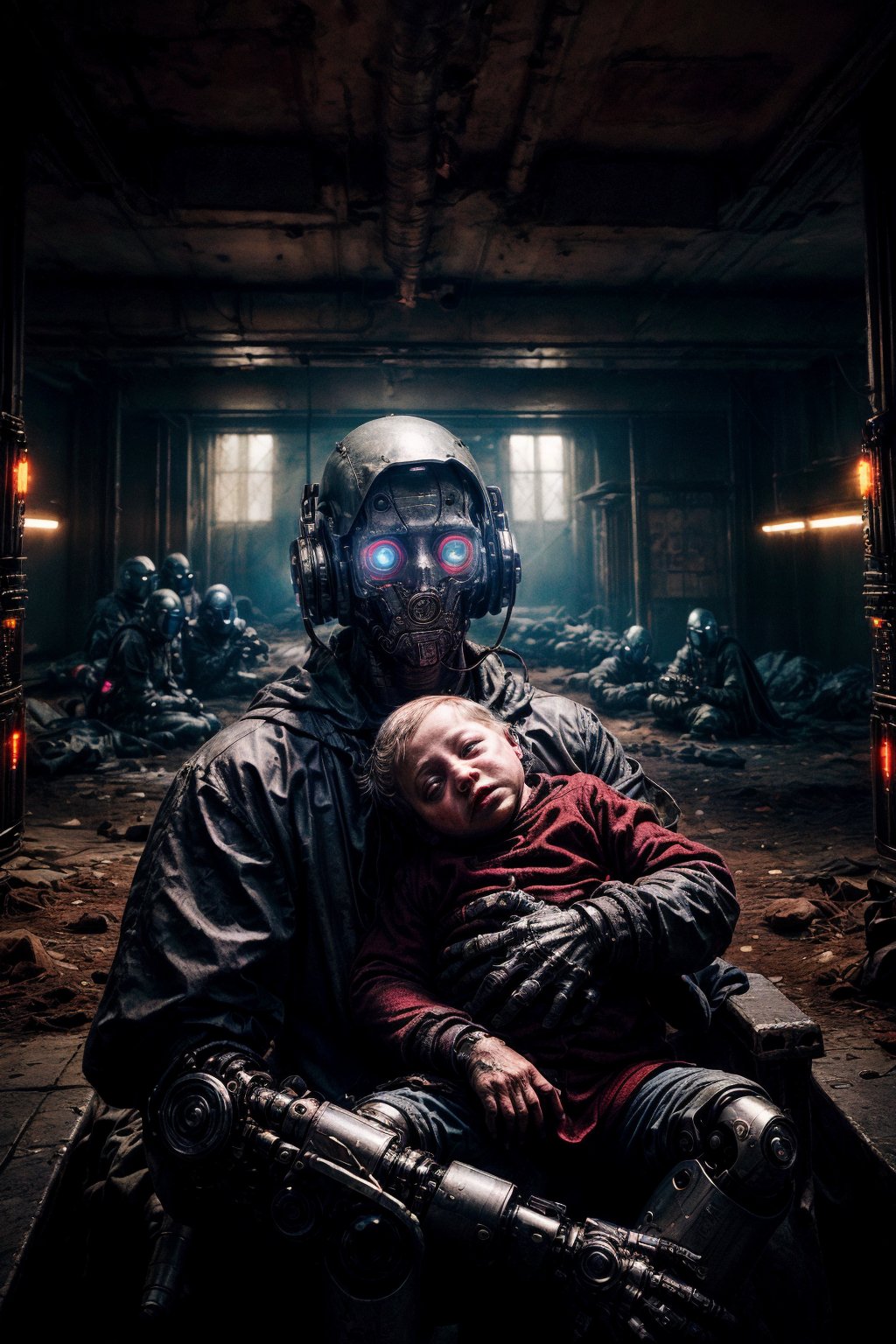 (((very old grandfather with cybernetic implants on his body and hands holds a baby over his head))), ((Around them sit mechanized robotic embryos with glowing eyes)), ((dystopian cyberpunk laboratory for growing children in futuristic capsules background)), ((lighting dust particles)), horror movie scene, best quality, masterpiece, (photorealistic:1.4), 8k uhd, dslr, masterpiece photoshoot, (in the style of Hans Heysen and Carne Griffiths),shot on Canon EOS 5D Mark IV DSLR, 85mm lens, long exposure time, f/8, ISO 100, shutter speed 1/125, award winning photograph, facing camera, perfect contrast,zavy-cbrpnk,cinematic style