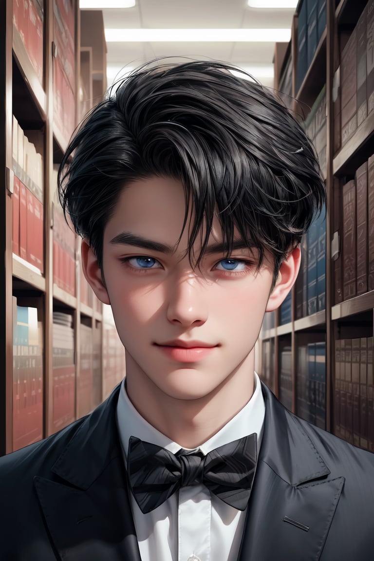 1boy, sexy wink. He is very handsome, he wears a high school uniform (white shirt, black bowtie, pants, backpack, books). detailed image, detailed skin. trendy hairstyle, blue eyes, black hair, sad and confused, close-up, Heleans a little, standing, medium long shot, luxurious library in background, tender smile.,cute,boy,Add more detail. The podium. Masterpiece, detailed study of the face, beautiful face, beautiful facial features, perfect image, realistic shots, detailed study of faces, full-length image, 8k, detailed image. an extremely detailed illustration, a real masterpiece of the highest quality, with careful drawing.