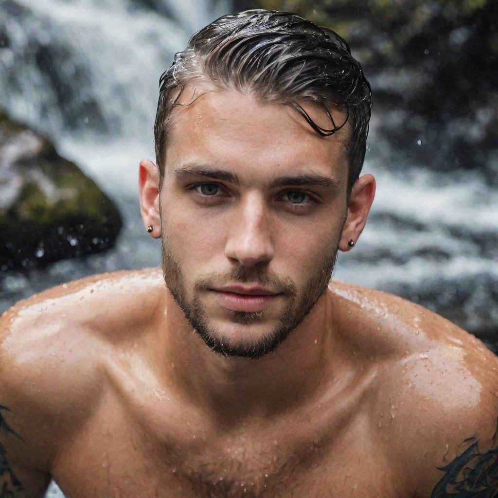 Macro portrait, top-down view, handsome man aged twenty-five years, tattooed, wet hair, in a waterfall, water, drops, splash, facial expression of desire and satisfaction