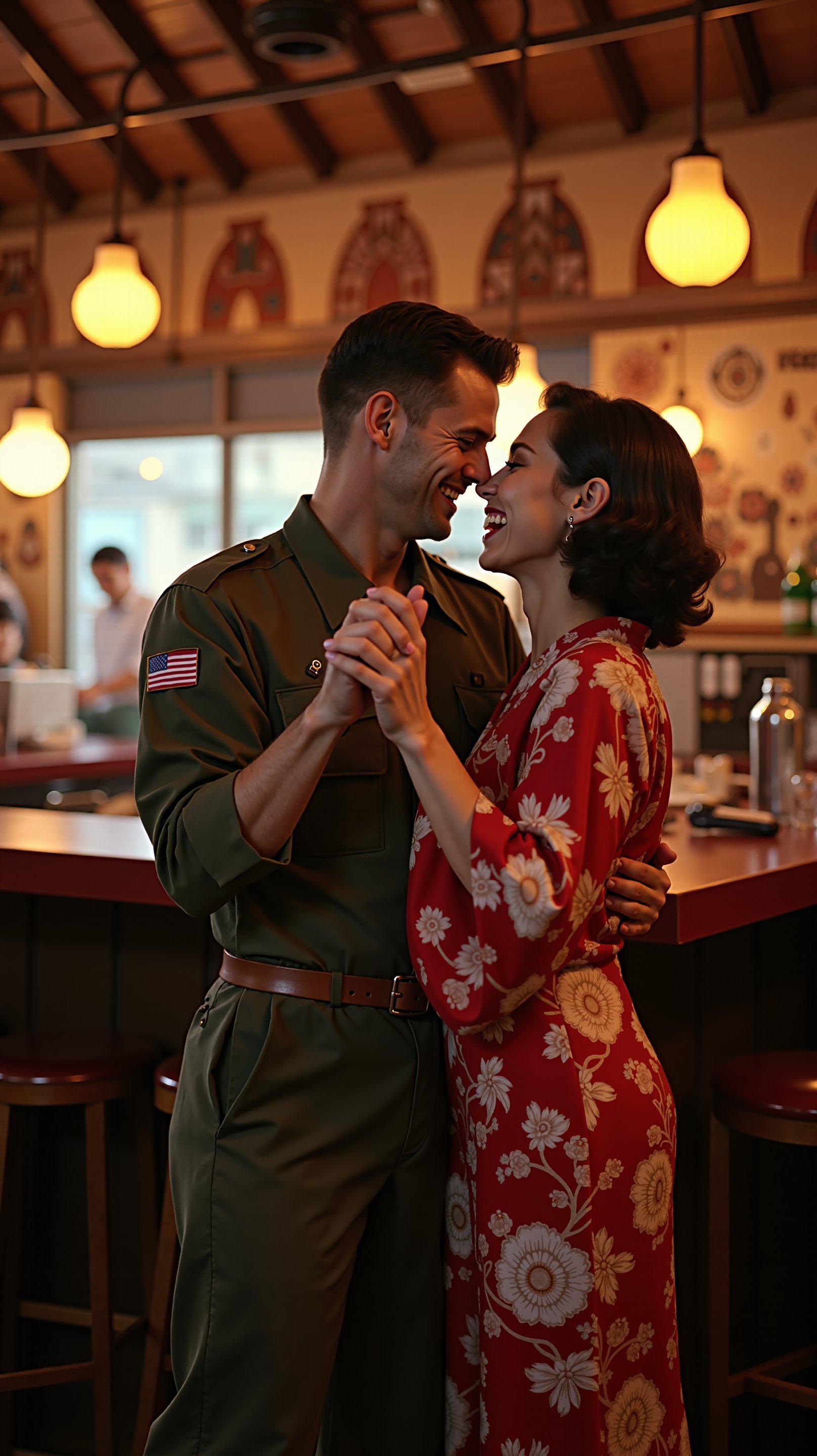 A full-body portrait of a World War II American soldier and a Japanese bar hostess dancing together in a small, cozy bar. The soldier, still in his uniform, has a wide grin as he spins the hostess, who is wearing a stylish kimono. Her hair is elegantly styled, and she laughs joyfully, enjoying the moment. The bar is filled with soft jazz music, warm lighting, and a few other patrons, creating a lively yet intimate ambiance.