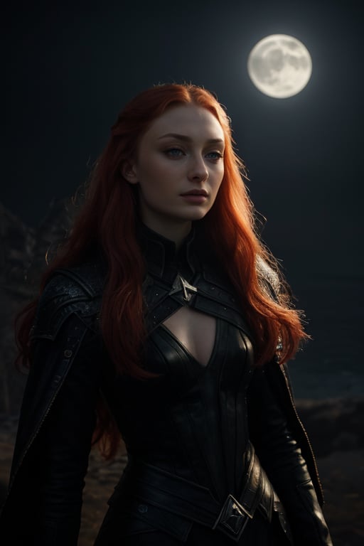 hyperrealistic image of Sophie Turner in a mysterious setting, with unique and captivating lighting. The moonlight, bright and mysterious, illuminates her face, creating intriguing shadows and highlighting her beauty. Her hair is loose, with strands glowing in the moonlight. The image has a cinematic style, with a mystical and intriguing atmosphere. 