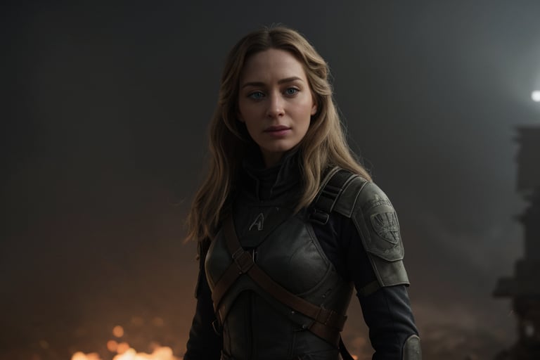 hyperrealistic image of Emily Blunt as Rita Vrataski, the heroine of "Edge of Tomorrow", in a moment of vulnerability and introspection. She is wearing her military uniform, in a devastated war setting. The lighting is dim and dark, creating an atmosphere of uncertainty and fear. The focus is on her sad and thoughtful expression, revealing the weight of war and the despair of her situation. 