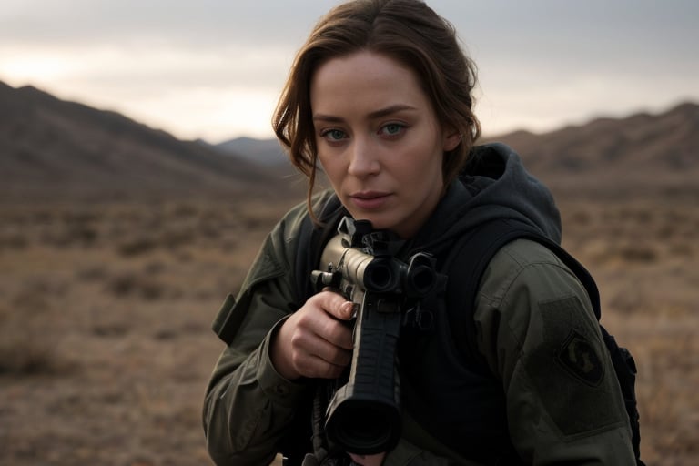 hyperrealistic image of Emily Blunt in a scene from the movie "Sicario", wearing tactical clothing and with an expression of determination and danger. The lighting is strong and dramatic, highlighting the details of her clothes and weaponry. The focus is on her determined and arrogant expression, capturing the essence of her character in the movie. The image should have vibrant and realistic colors, with an exceptional level of detail, similar to a photograph from an action movie. 