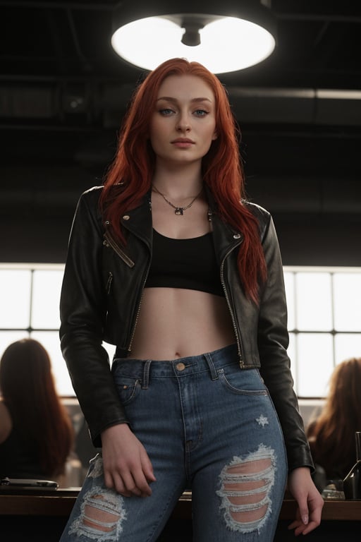 hyperrealistic image of Sophie Turner in a rock bar, wearing a black leather jacket, ripped jeans, and a mini-cropped top. She has a rebellious and confident expression, with a microphone in her hand, ready to sing. Her red hair is styled in a wilder style, with rebellious strands escaping the style. The image has a rock movie style, with dramatic lighting and fog that create an electrifying atmosphere. 