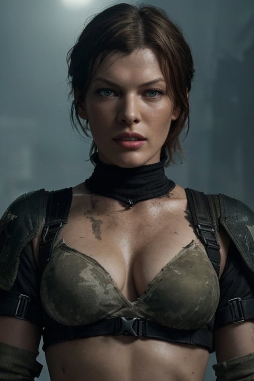 Realistic portrait of Milla Jovovich woman, depicted as her character Alice from the Resident Evil movie. She is clad in a tactical combat outfit, featuring a fitted black body armor and multiple utility belts loaded with ammunition and survival gear. Her expression is fierce and determined, with sharp, focused eyes that reflect a seasoned survivor. Her hair is styled in a short, practical cut suitable for battle. The background is a desolate urban wasteland, with abandoned buildings and eerie fog, evoking the post-apocalyptic world of Resident Evil. Scattered debris and flickering street lights enhance the atmosphere of a civilization fallen to the zombie outbreak.
(realistic skin textures), (extremely clear image, UHD, resembling realistic professional photographs, film grain)