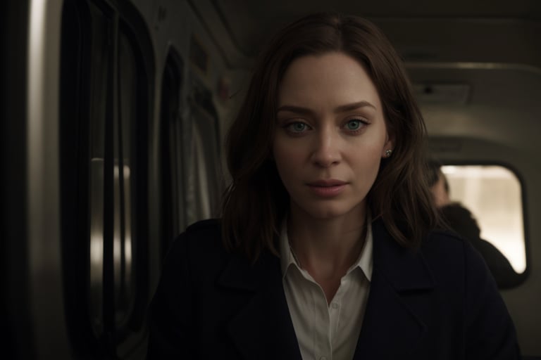 hyperrealistic image of Emily Blunt in a scene from the movie "The Girl on the Train", with an expression of fear and uncertainty. The lighting is dim and dark, creating a tense and mysterious atmosphere. The focus is on her eyes and expression, capturing the tension and fear of her character. The image should have dark and realistic colors, with an exceptional level of detail, similar to a photograph from a suspense movie.