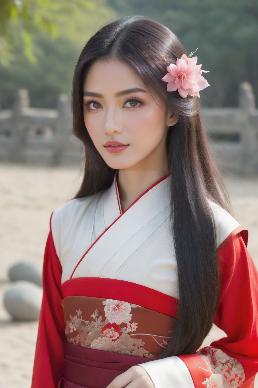 1girl, long hair, looking at viewer, multiple girls, black hair, long sleeves, brown eyes, very long hair, outdoors, solo focus, lips, sash, chinese clothes, realistic, red lips,Wonder of Beauty hairpin