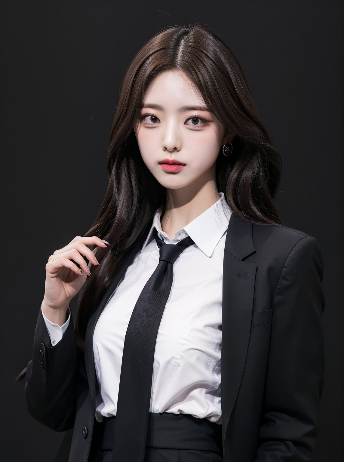 1girl, solo, long hair, looking at viewer, simple background, brown hair, shirt, jewelry, jacket, white shirt, upper body, earrings, necktie, collared shirt, lips, black jacket, grey eyes, formal, suit, black background, black necktie