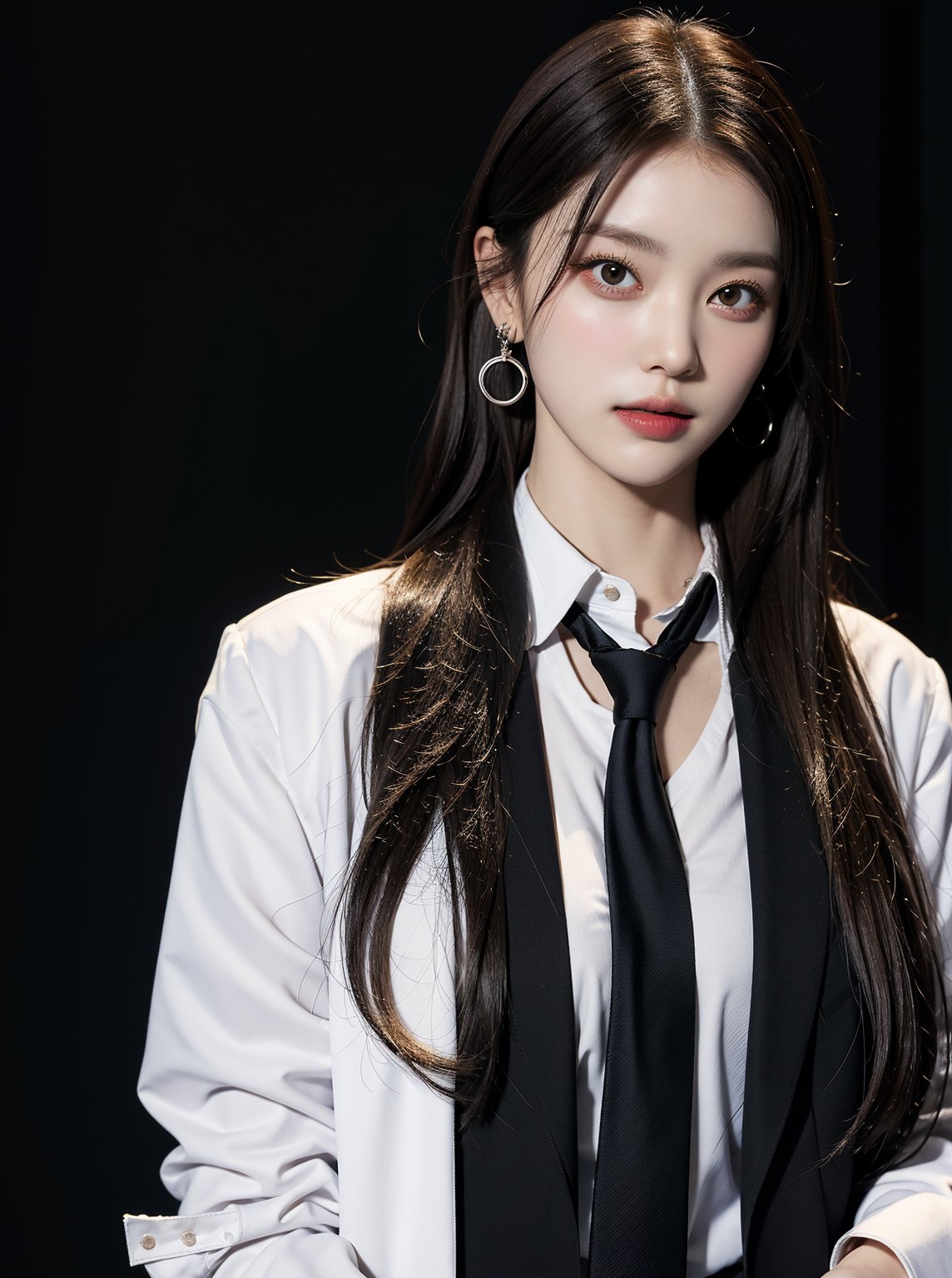 1girl, solo, long hair, looking at viewer, simple background, brown hair, shirt, jewelry, jacket, white shirt, upper body, earrings, necktie, collared shirt, lips, black jacket, grey eyes, formal, suit, black background, black necktie,gyuri