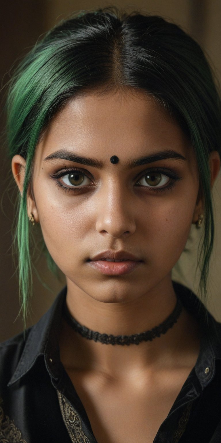 ((top quality)), ((masterpiece)), close portrait of a young gothic Indian girl with a  touch of punky, ((front view,)) With a black velvet unbuttoned shirt, with a rebellious appearance, black shaded eyes, green hair, intricate details, highly detailed light brown eyes, highly detailed mouth, cinematic image, illuminated by soft light, photo of perfect eyes