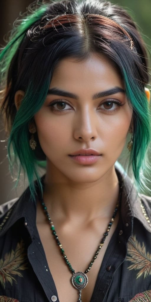 ((top quality)), ((masterpiece)), portrait of a young gothic Indian girl with a  touch of punky, ((front view,)) with a unbuttoned shirt, with a rebellious appearance, black shaded eyes, green hair, intricate details, highly detailed light brown eyes, highly detailed mouth, cinematic image, illuminated by soft light, photo of perfect eyes