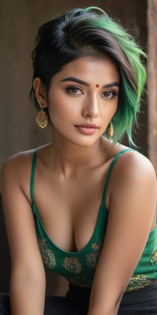 A stunning ((top quality)), ((masterpiece)) full body of a young Indian girl exuding punky flair. In the ((back view)), she sits confidently with her shirt falling open, revealing a hint of vulnerability. Her piercing green hair and black shaded eyes seem to draw the viewer in, while intricate details define her light brown eyes and mouth. Soft, cinematic lighting illuminates her features, as if captured by a photographer's lens. The image is rendered with perfect attention to detail, from the subtle curves of her face to the delicate contours of her eyes.