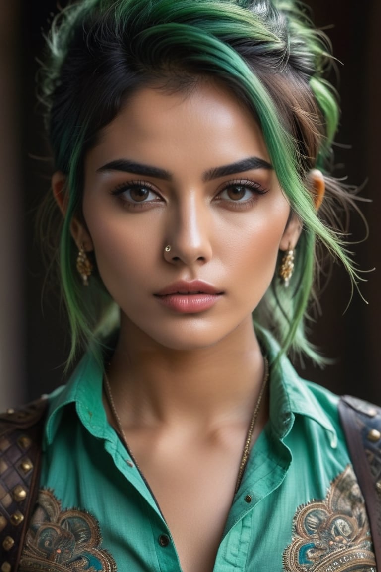 ((top quality)), ((masterpiece)), full portrait of a young Indian girl with a  touch of punky, ((front view,)) with a unbuttoned shirt, with a rebellious appearance, black shaded eyes, green hair, intricate details, highly detailed light brown eyes, highly detailed mouth, cinematic image, illuminated by soft light, photo of perfect eyes