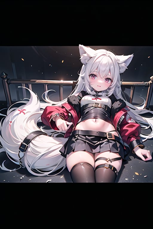 Image Quality (Masterpiece, Best Quality, 1 Girl, Solo, Highhighsmasterpiece, Photorealistic, High Definition, Perfect Detail, Super Detailed, (4k), Excellent Clarity, Vibrant Colors), People: (1 Girl Kneeling in a cage, monster girl, umy, Chinese virtual Youtuber, wolf girl, tail, dog tail, wolf tail, dog ears, wolf ears, fangs, fangs, red eyes, long hair, white hair, colored undercoat, She has a red and white wolf tail, white and light pink gradient wolf ears,), clothing: (belly-baring dress, navel-baring dress, black vest, fur red jacket, gold bracelets, gold anklets, Pleated skirt, leggings, black stockings, red and white boots, red and white sole boots, red and white shoes, red and white sole boots, boots, boots, red and white sole boots, bangs, belt, navel-baring outfit, navel-baring top, Gold bracelets, gold foot bracelets,), background: (a girl kneels in a cage)