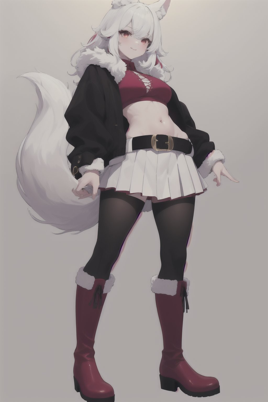 Image quality (masterpiece, best quality, 1girl, solo, highhighsmasterpiece, photorealism, high resolution, perfect detail, super detailed, (4k), excellent clarity, vivid colors,), Characters: (1girl, monster girl, Umy, Chinese virtual Youtuber, wolf girl, tail, dog tail, wolf tail, dog ears, wolf ears, fangs, fangs, red eyes, long hair, white hair, colored undercoat, She has a red and white wolf tail (with undercoat, white wolf ears, light pink gradient), Clothing: (Stomach-baring outfit, navel-baring outfit, black vest, fur red jacket, wrist cuffs, pleated skirt, tights, black stockings, red and white boots, red and white sole boots, red and white shoes, red and white sole boots, boots , boots, red and white sole boots, bangs, belt, navel-baring outfit, navel-baring outfit,), Background: (standing on stage)