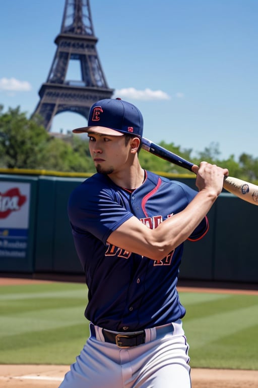 A dynamic shot of a Filipino-Korean male athlete, dressed in a sleek and modern sports uniform adorned with team logos and stripes, frozen in motion as he swings his bat mid-game. Baseball bat. The iconic Eiffel Tower looms large in the background, its iron latticework gleaming in the sunlight. The athlete's intense focus is palpable as he gazes out at the pitcher, his arms tensed and ready to strike.