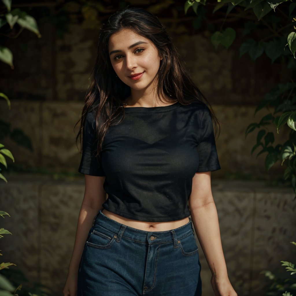 1girl, Kashmiri beautiful women 36 years old, solo, long hair, brown hair, smiling, wearing a plain Black round neck Pure Cotton Oversized T-shirt, detailed t-shirt fabric, without text, without design in t-shirt,  outdoors, pants, sandals, denim, jeans, natural bokeh background, 36year old, ponytail:2, braided hair, This breathtaking photograph, sunny day, natural colors, RAW photo, best quality), (realistic, photo-Realistic:1.3), best quality, masterpiece, beautiful and aesthetic, 16K, (HDR:1.4), high contrast, (vibrant color:1.4), (muted colors, dim colors, soothing tones:0), cinematic lighting, ambient lighting, backlit, shot on Kodak Gold 400 film, softer lens filter, full of love and romantic atmosphere, beautifully showcases the raw and authentic beauty of life. high resolution 8k image quality,more detail 