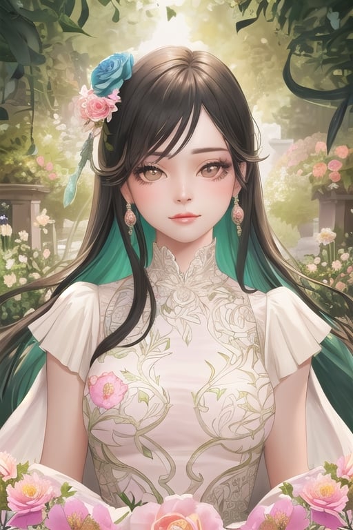 Generate hyper realistic image of a woman in a couture garden party dress in pastel hues, the intricate floral patterns matching the vibrant blooms around her. Place her in an enchanting botanical garden, exuding sophistication.((upper body)),1 girl,kimyojung
