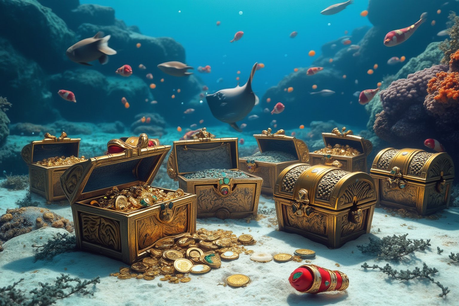 A masterpiece realistic image of group of 12 open treasure metal, intricate detail designed ornamental treasure chests; full of lustry shiny gold and silver, red ruby, white diamond and green emerald jewelleries and coins. Coins and jewellery may be seen spilling out of the boxes , with some boxes tilted, displaced, inverted on the ocean floor in white sand. A school of fishes may be seen swimming around, with 4 detailed sharks swimming around, with bright orange, white coral reefs in the background. Words "TREASURE QUEST" "BY SDP"is written in bold curly joint white color writting. 4K, ultra realistic.