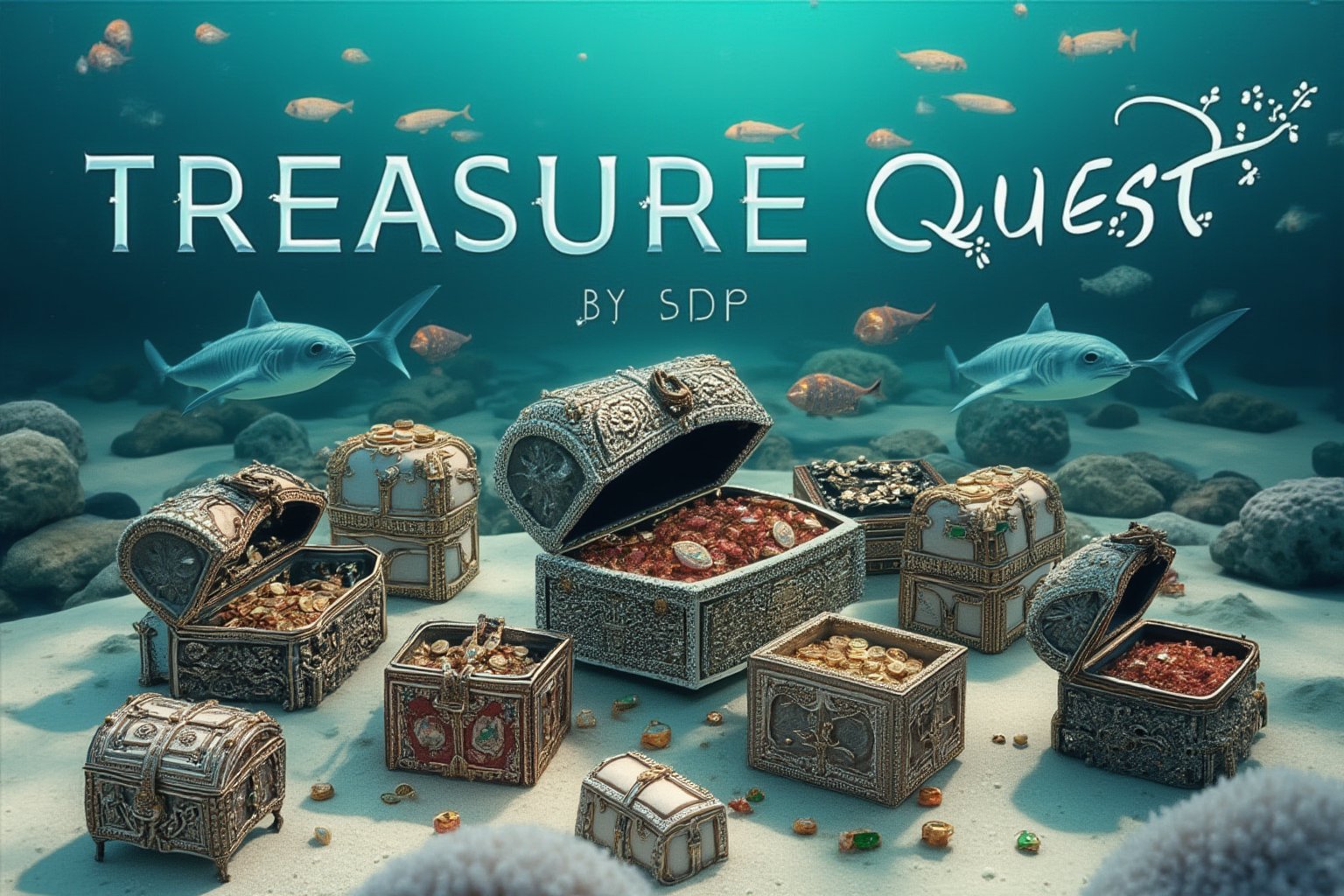 A masterpiece realistic image of group of 12 open treasure metal, intricate detail designed ornamental treasure chests; full of lustry shiny gold and silver, red ruby, white diamond and green emerald jewelleries and coins. Coins and jewellery may be seen spilling out of the boxes , with some boxes tilted, displaced, inverted on the ocean floor in white sand. A school of fishes may be seen swimming around, with 4 detailed sharks swimming around, with bright orange, white coral reefs in the background. Words "TREASURE QUEST" "BY SDP"is written in bold curly joint white color writting. 4K, ultra realistic.