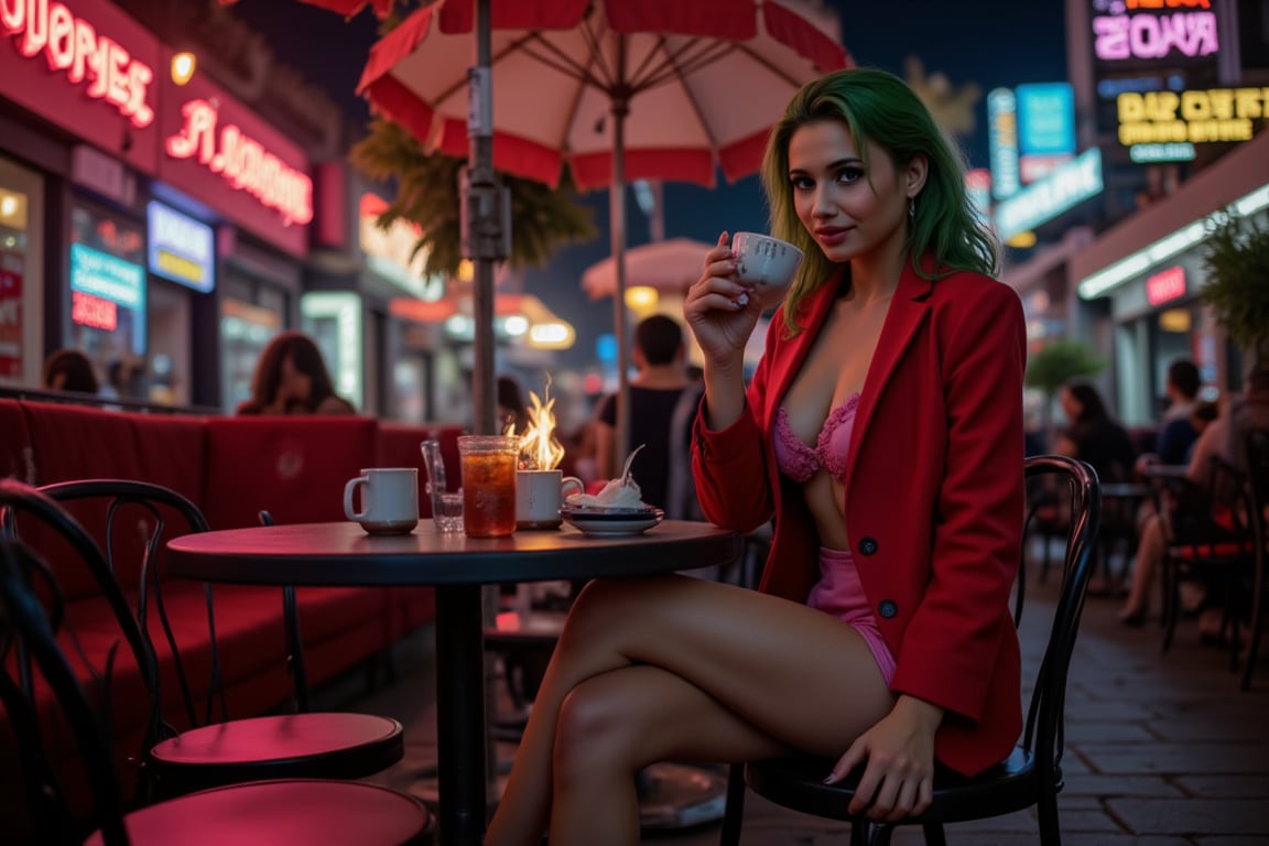 A beautiful missjoker with a attractive smiling face sitting on a round chair and round circular steel table, sitting lonely in a famous Italian cafe, with a colorful party umbrella overhead. The extremely beautiful Missjoker with short pink top,URB  body with red jacket and short shirt  is found drinking tea, with a lit dynamite on the table. Close, eye level view.